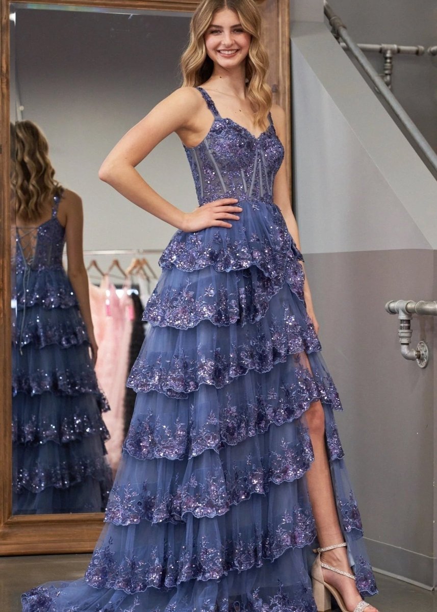 A-Line Lace Off-the-Shoulder Tiered Long Prom Dress with Slit - Curvevia