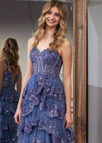 A-Line Lace Off-the-Shoulder Tiered Long Prom Dress with Slit - Curvevia