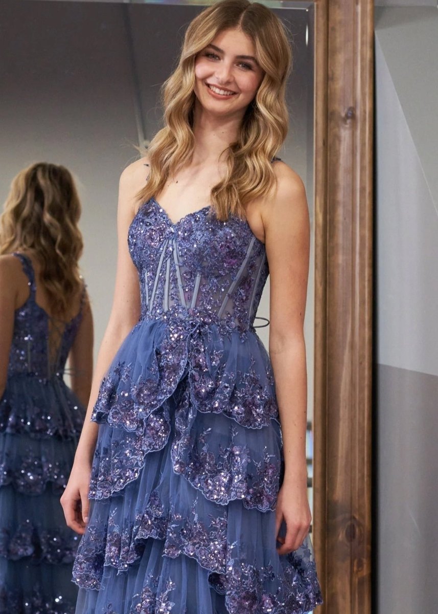A-Line Lace Off-the-Shoulder Tiered Long Prom Dress with Slit - Curvevia