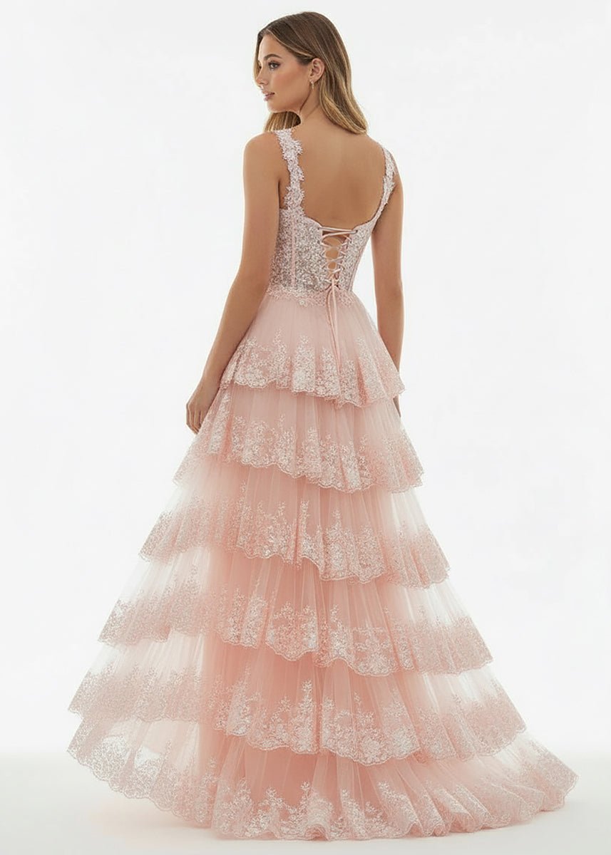 A-Line Lace Off-the-Shoulder Tiered Long Prom Dress with Slit - Curvevia