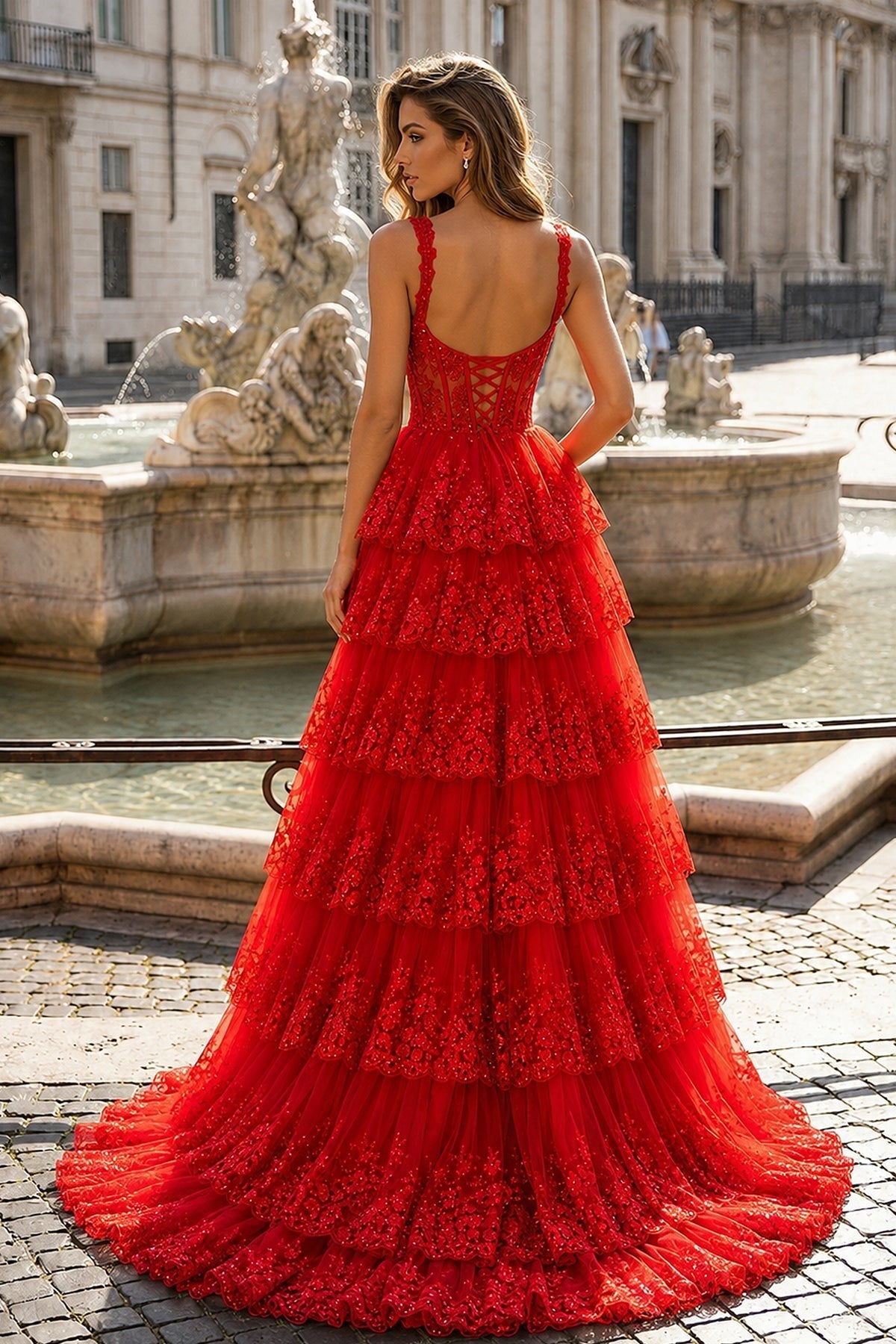 A-Line Lace Off-the-Shoulder Tiered Long Prom Dress with Slit - Curvevia