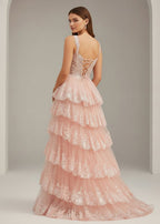 A-Line Lace Off-the-Shoulder Tiered Long Prom Dress with Slit - Curvevia