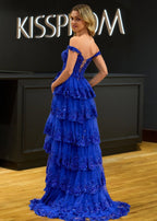 A-Line Lace Off-the-Shoulder Tiered Long Prom Dress with Slit - Curvevia
