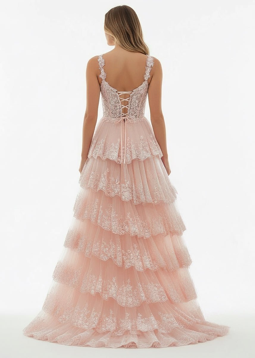 A-Line Lace Off-the-Shoulder Tiered Long Prom Dress with Slit - Curvevia