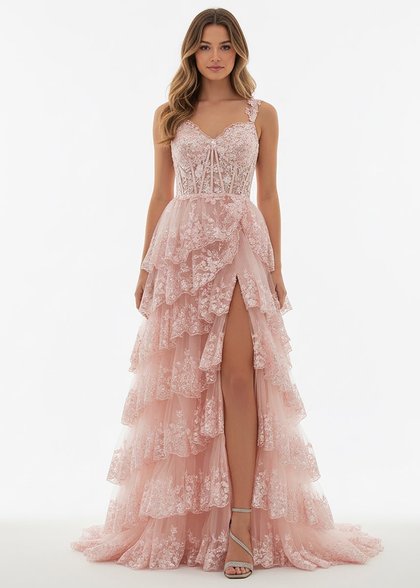A-Line Lace Off-the-Shoulder Tiered Long Prom Dress with Slit - Curvevia