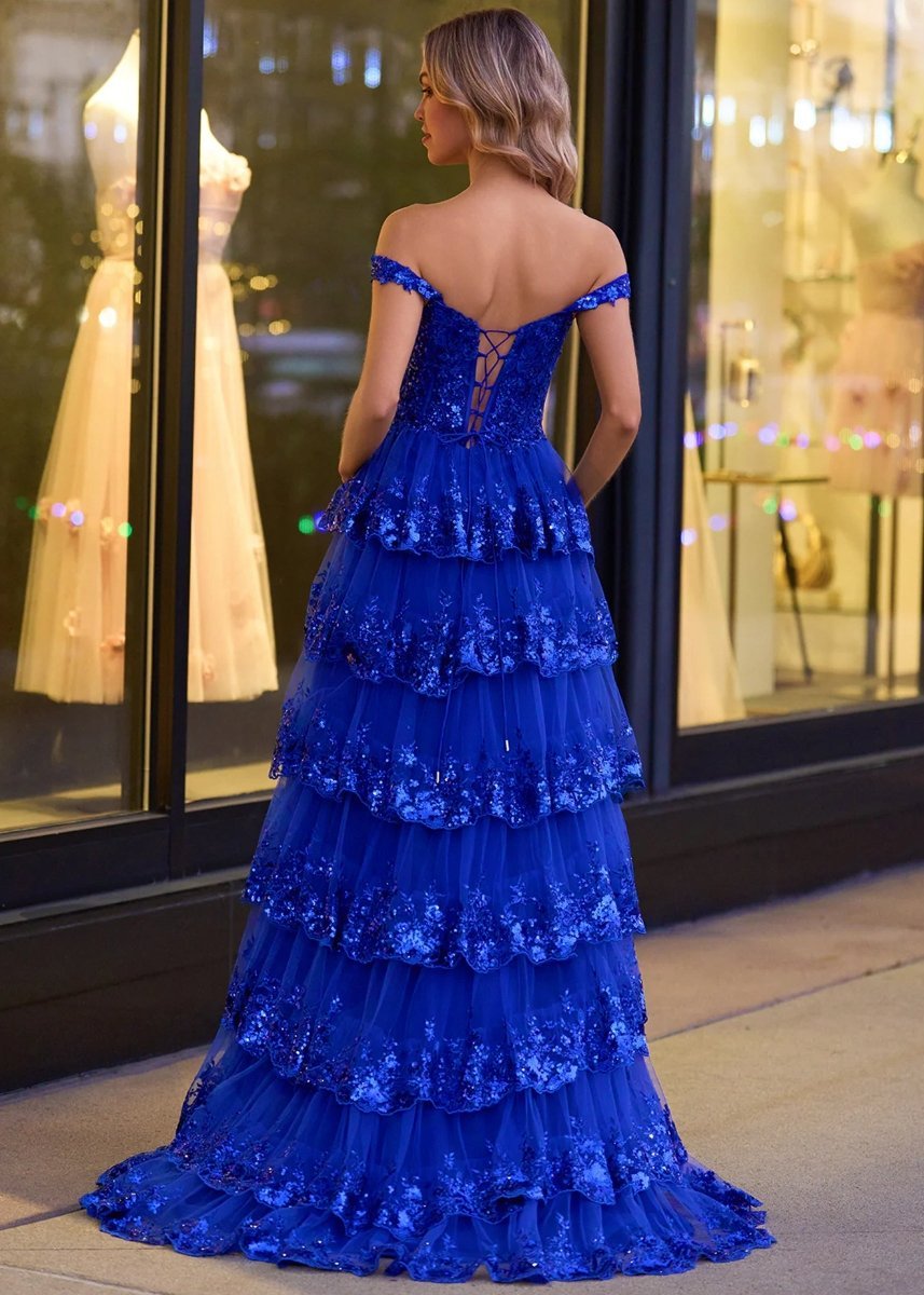 A-Line Lace Off-the-Shoulder Tiered Long Prom Dress with Slit - Curvevia