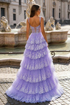A-Line Lace Off-the-Shoulder Tiered Long Prom Dress with Slit - Curvevia