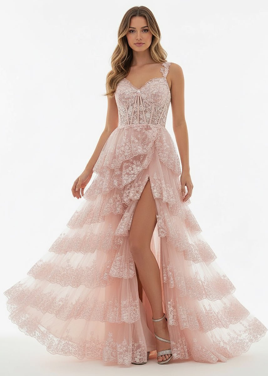 A-Line Lace Off-the-Shoulder Tiered Long Prom Dress with Slit - Curvevia