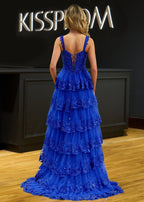 A-Line Lace Off-the-Shoulder Tiered Long Prom Dress with Slit - Curvevia
