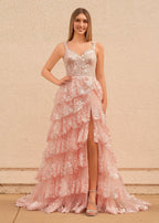 A-Line Lace Off-the-Shoulder Tiered Long Prom Dress with Slit - Curvevia