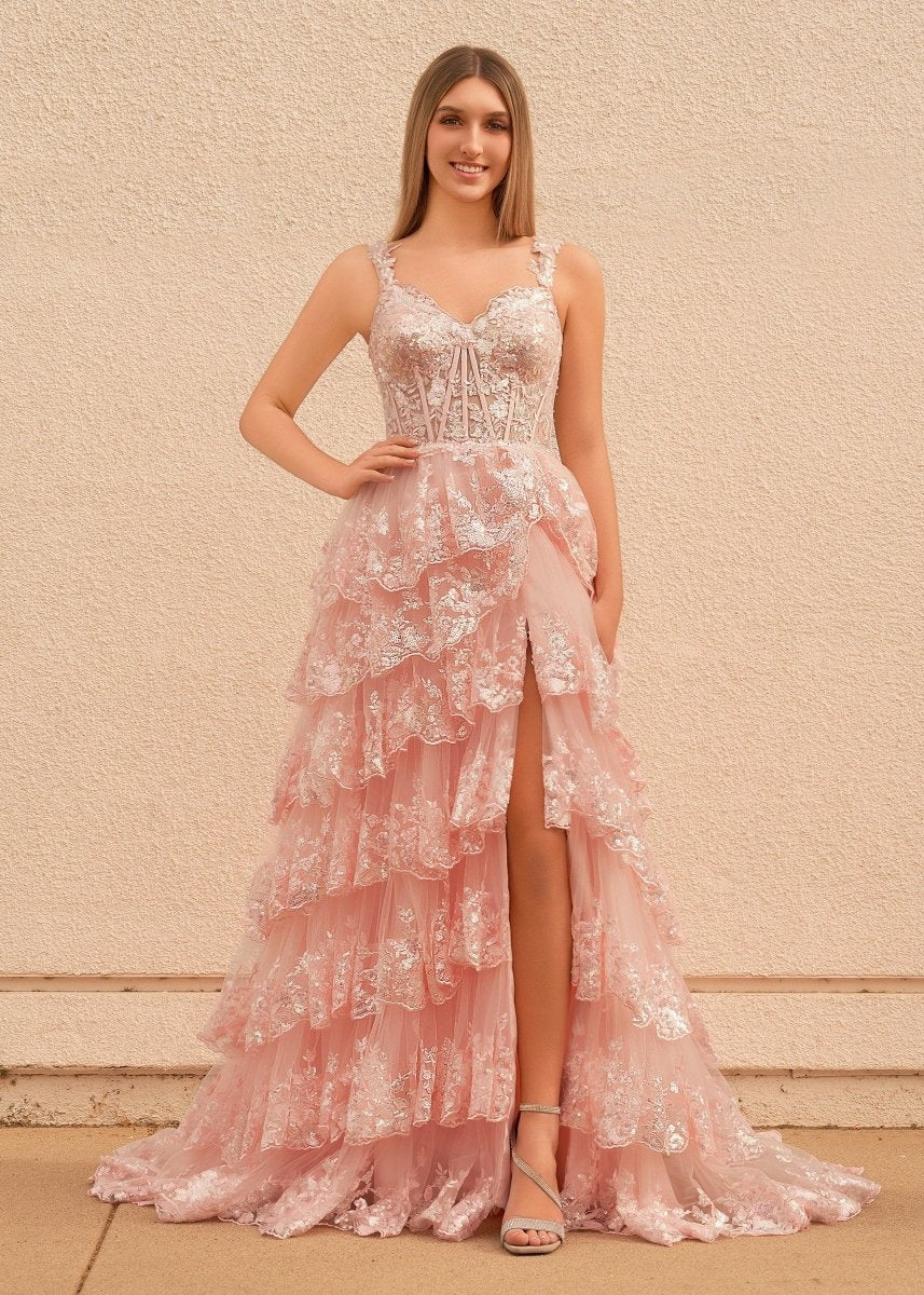 A-Line Lace Off-the-Shoulder Tiered Long Prom Dress with Slit - Curvevia