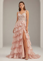 A-Line Lace Off-the-Shoulder Tiered Long Prom Dress with Slit - Curvevia
