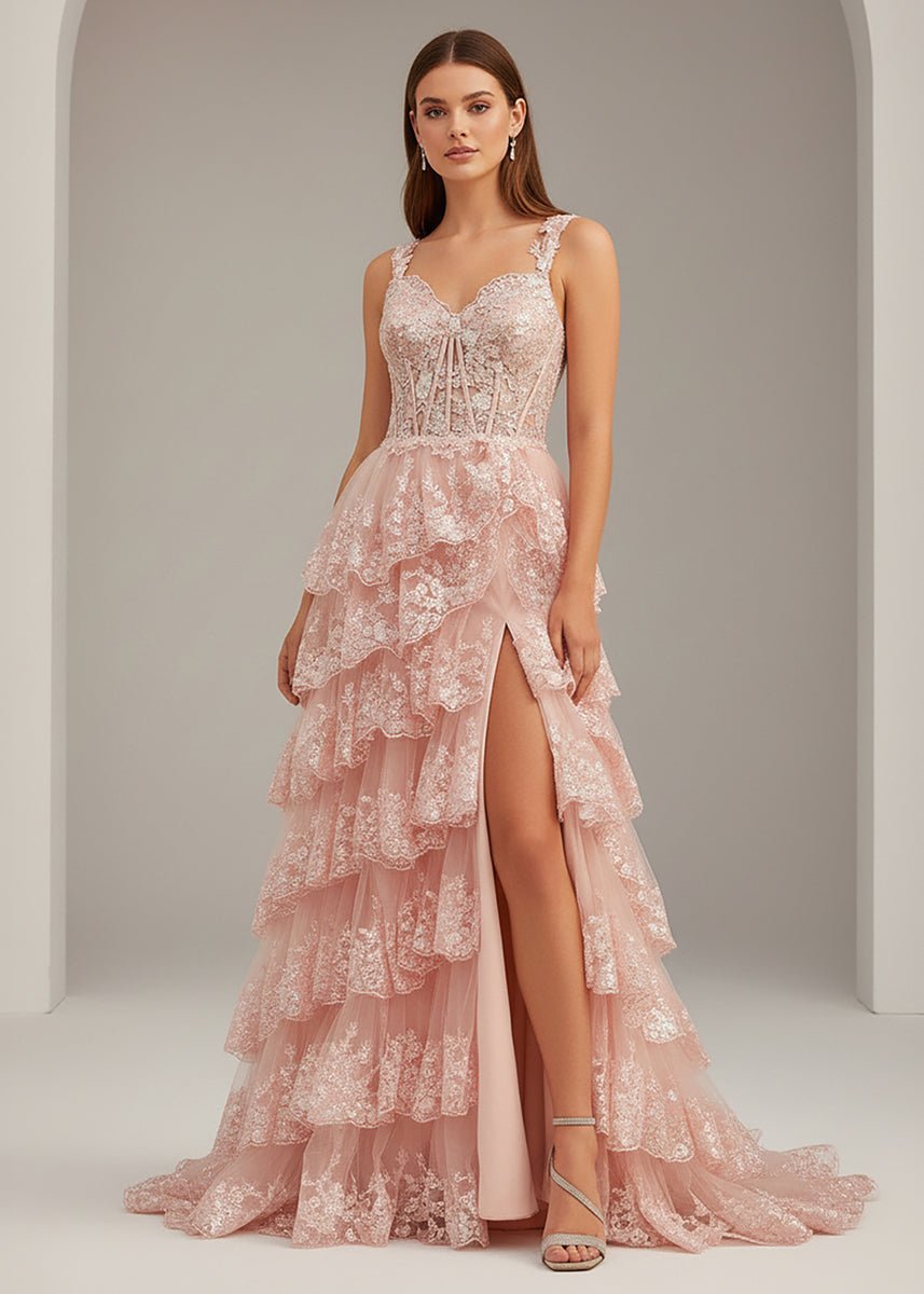 A-Line Lace Off-the-Shoulder Tiered Long Prom Dress with Slit - Curvevia