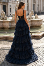 A-Line Lace Off-the-Shoulder Tiered Long Prom Dress with Slit - Curvevia