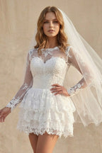 A-Line Illusion Neck Lace Applique Long Sleeves Short-Mini Wedding Dresses - Curvevia