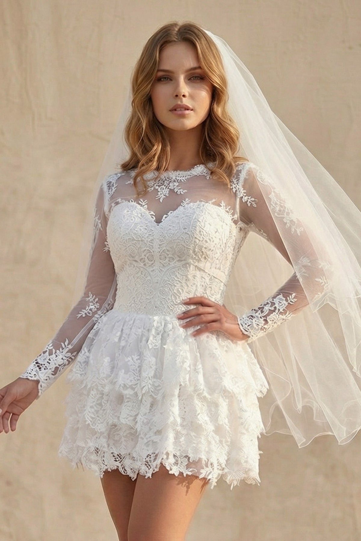 A-Line Illusion Neck Lace Applique Long Sleeves Short-Mini Wedding Dresses - Curvevia