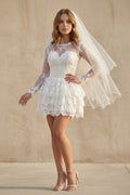 A-Line Illusion Neck Lace Applique Long Sleeves Short-Mini Wedding Dresses - Curvevia