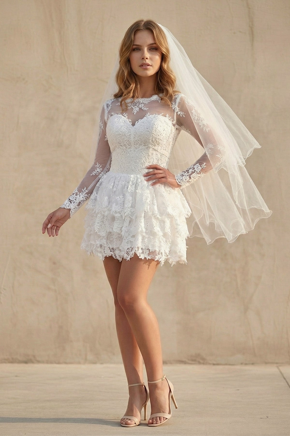 A-Line Illusion Neck Lace Applique Long Sleeves Short-Mini Wedding Dresses - Curvevia