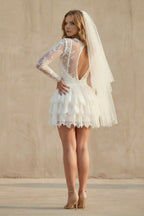 A-Line Illusion Neck Lace Applique Long Sleeves Short-Mini Wedding Dresses - Curvevia