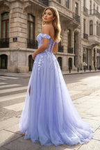 A Line Off the Shoulder Lace Tulle Prom Dress With Slit - Curvevia