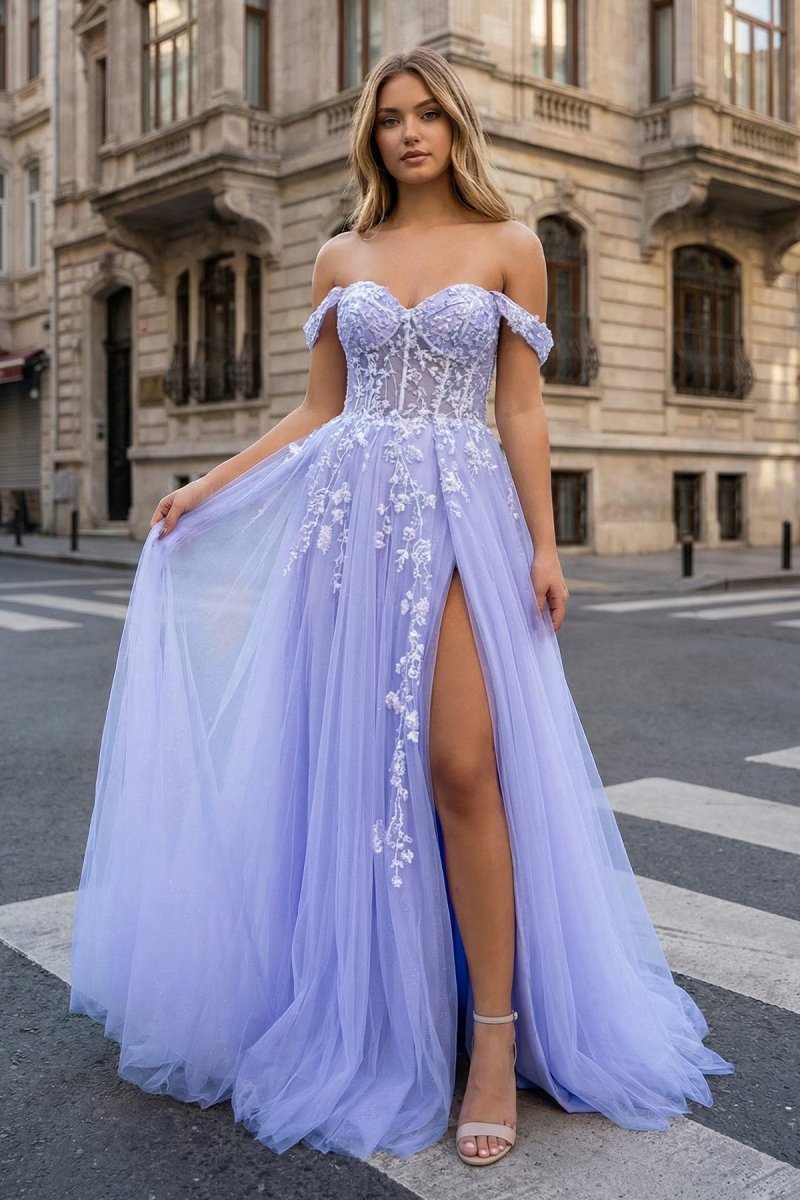 A Line Off the Shoulder Lace Tulle Prom Dress With Slit - Curvevia