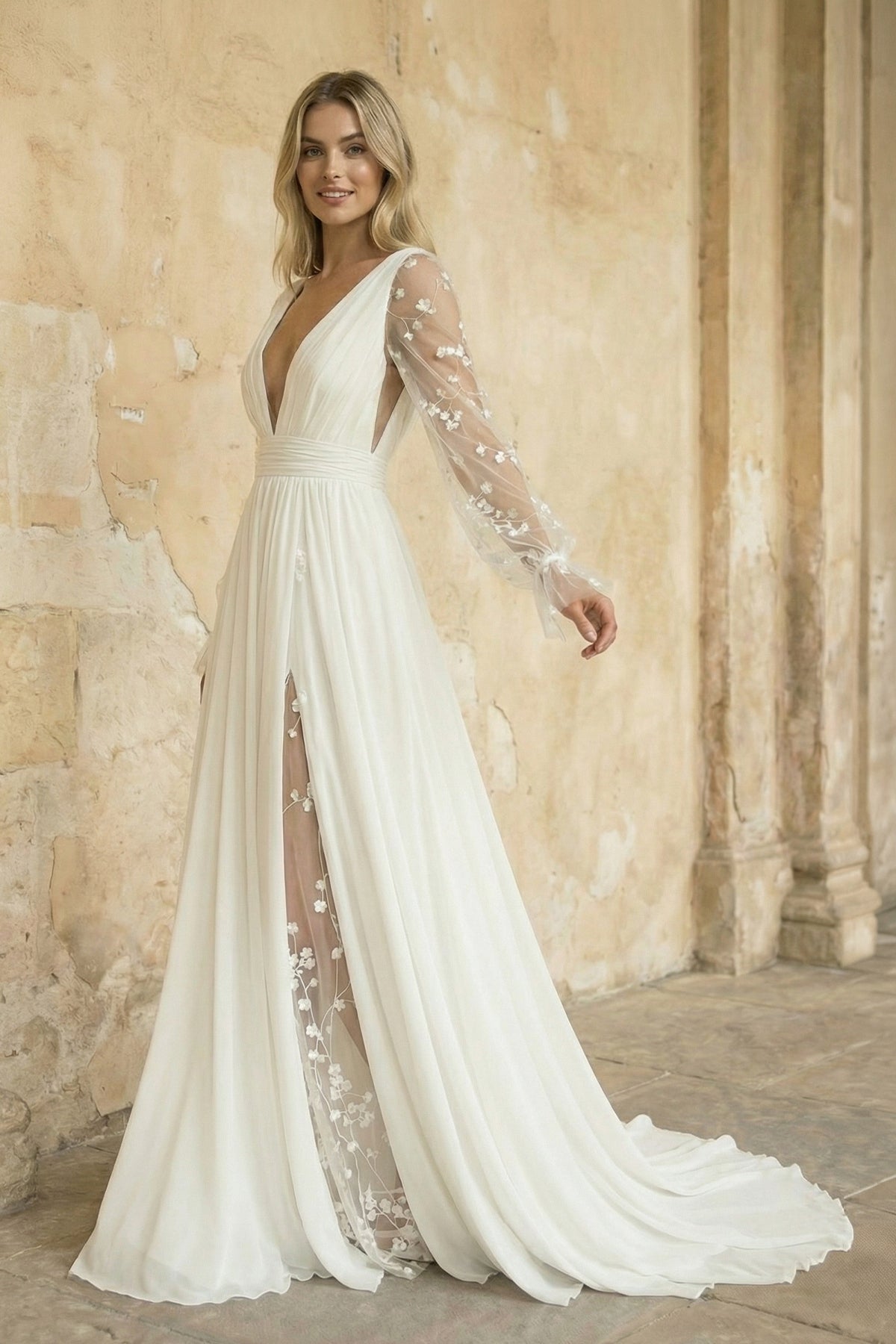 Long Sleeve Boho Flowy Wedding Dress Lace A-Line V-Neck Beach Gown with Split Front and Sweep Train - Curvevia