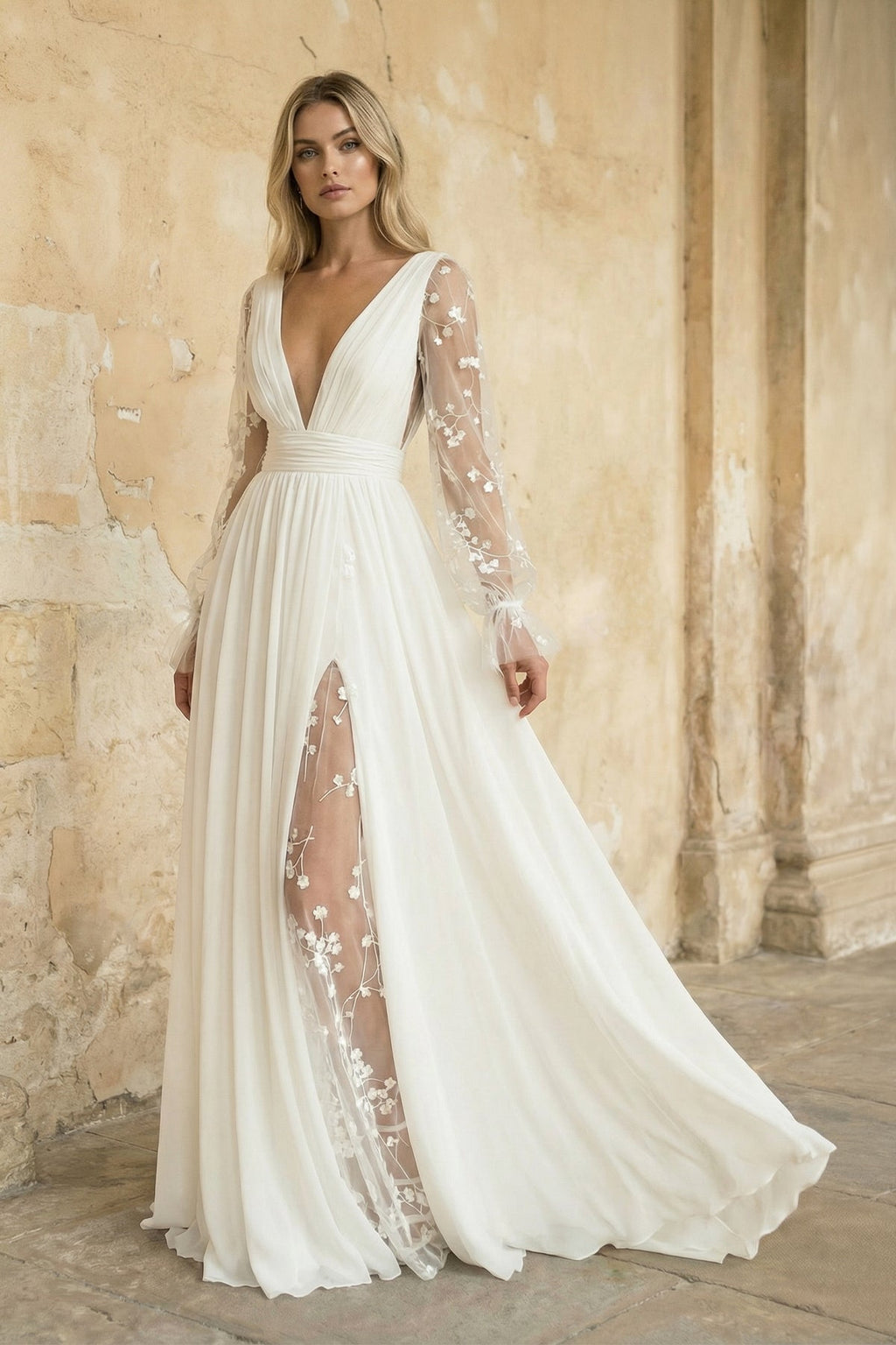 Long Sleeve Boho Flowy Wedding Dress Lace A-Line V-Neck Beach Gown with Split Front and Sweep Train - Curvevia