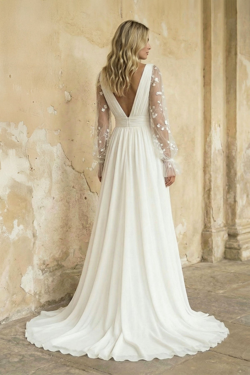 Long Sleeve Boho Flowy Wedding Dress Lace A-Line V-Neck Beach Gown with Split Front and Sweep Train - Curvevia