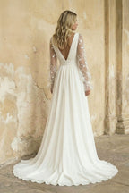 Long Sleeve Boho Flowy Wedding Dress Lace A-Line V-Neck Beach Gown with Split Front and Sweep Train - Curvevia