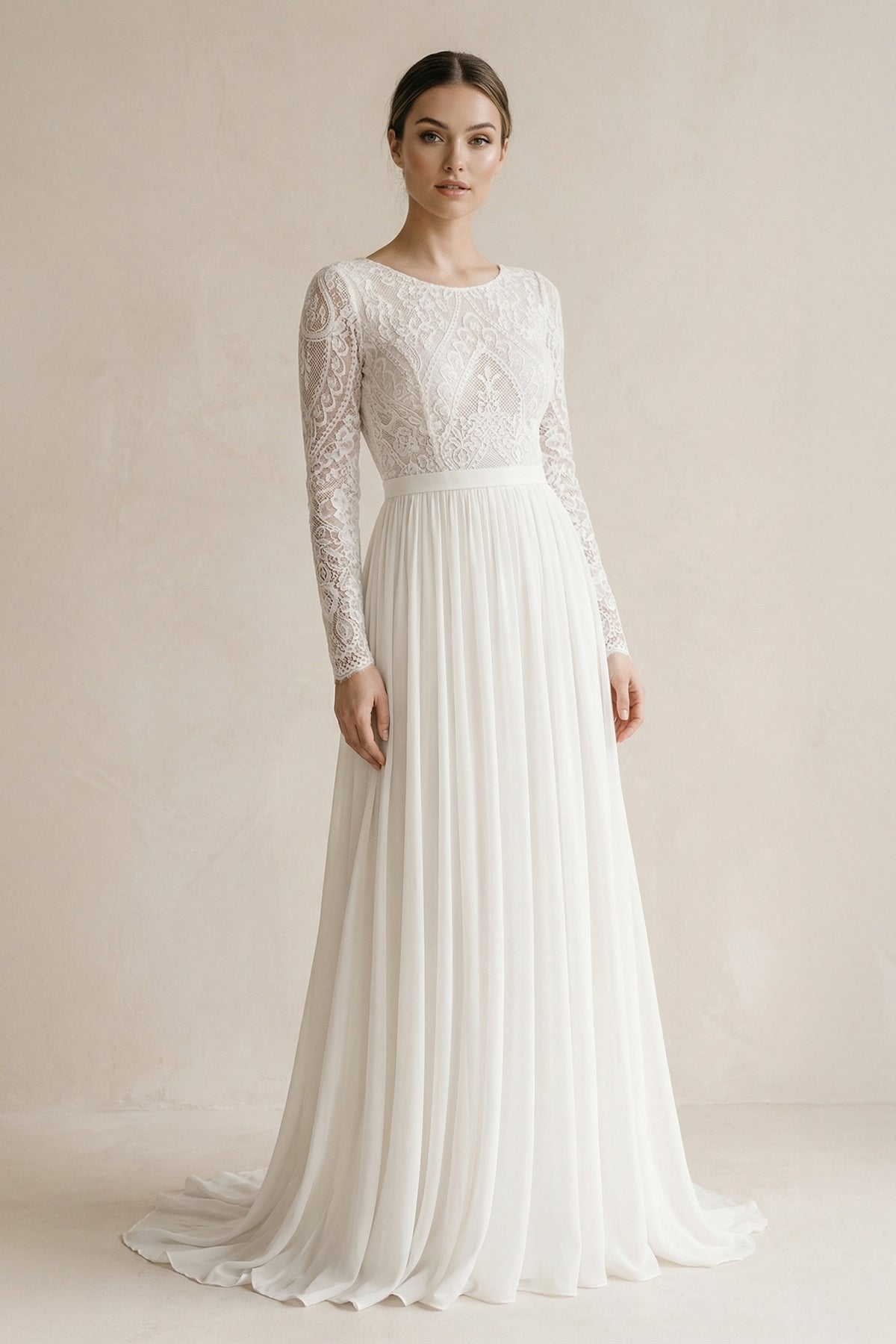 Beach Gorgeous Lace A-Line Appliqued Open Back Wedding Dress With Long Sleeves - Curvevia