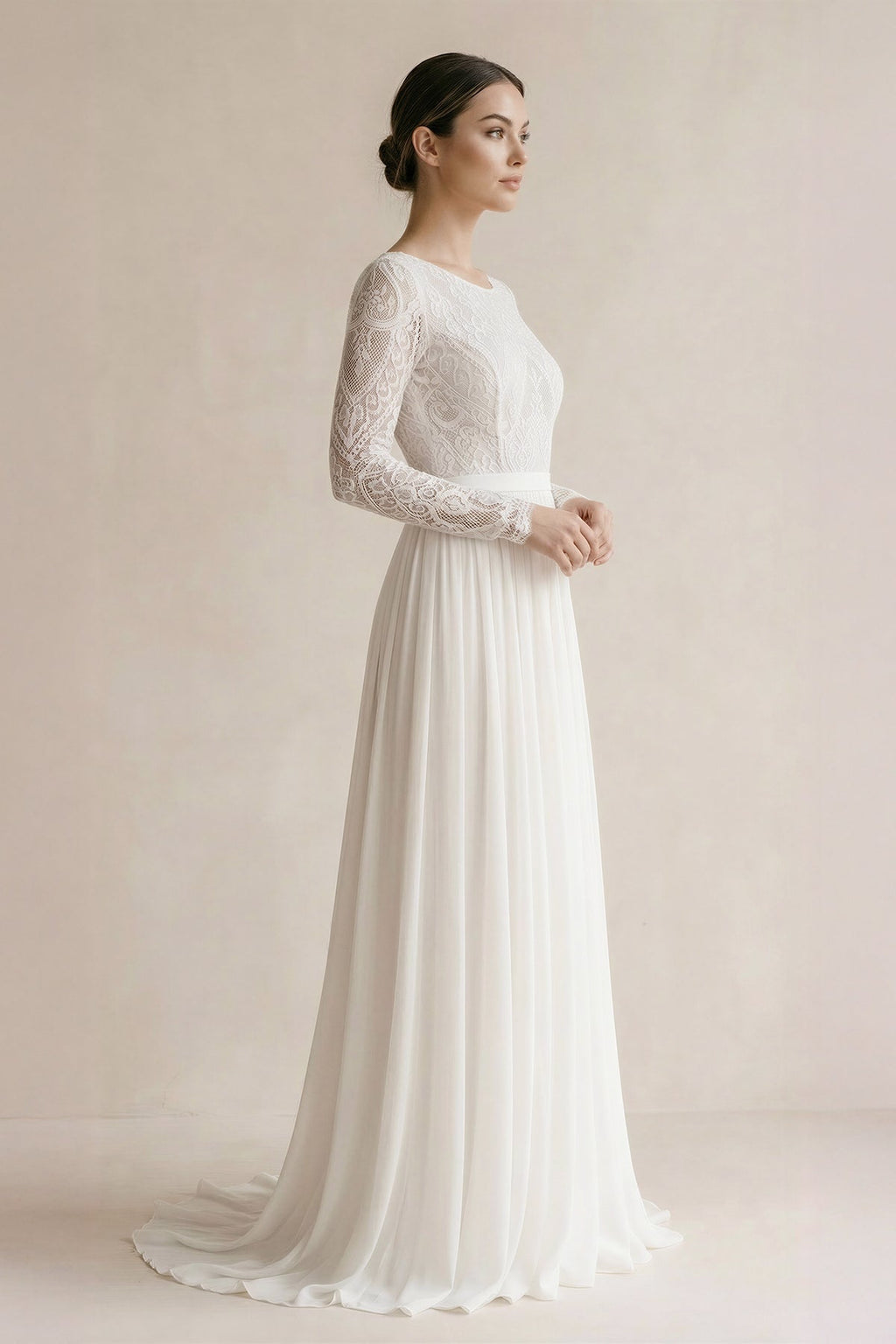 Beach Gorgeous Lace A-Line Appliqued Open Back Wedding Dress With Long Sleeves - Curvevia