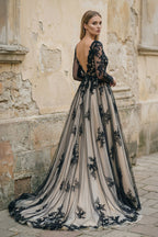 Non-Traditional Gothic Black and White Boho Lace Wedding Dress Flowy Forest Sleeved Backless Bridal Gown with Court Train - Curvevia