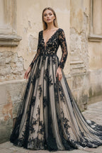 Non-Traditional Gothic Black and White Boho Lace Wedding Dress Flowy Forest Sleeved Backless Bridal Gown with Court Train - Curvevia