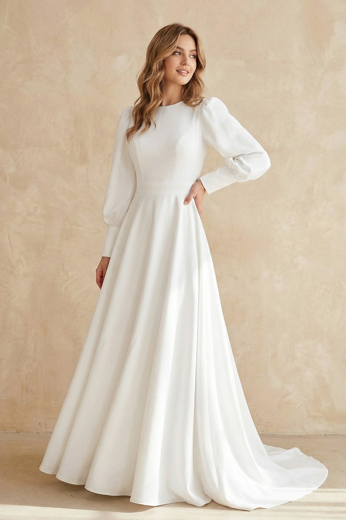 Modest A Line Long Sleeves Wedding Dress Vintage Gown - Curvevia