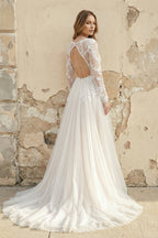 A-Line Lace Top Flare Sleeves Open Back Wedding Dress - Curvevia