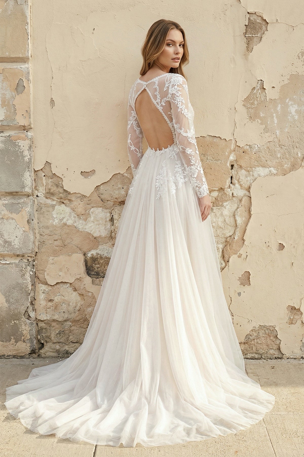 A-Line Lace Top Flare Sleeves Open Back Wedding Dress - Curvevia
