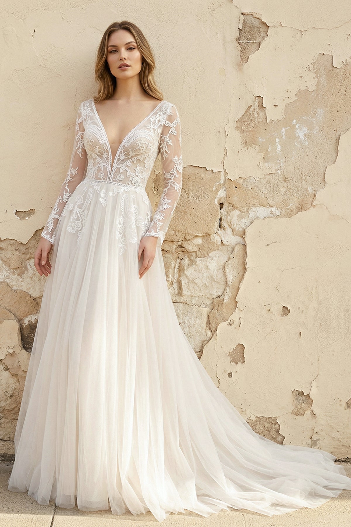 A-Line Lace Top Flare Sleeves Open Back Wedding Dress - Curvevia