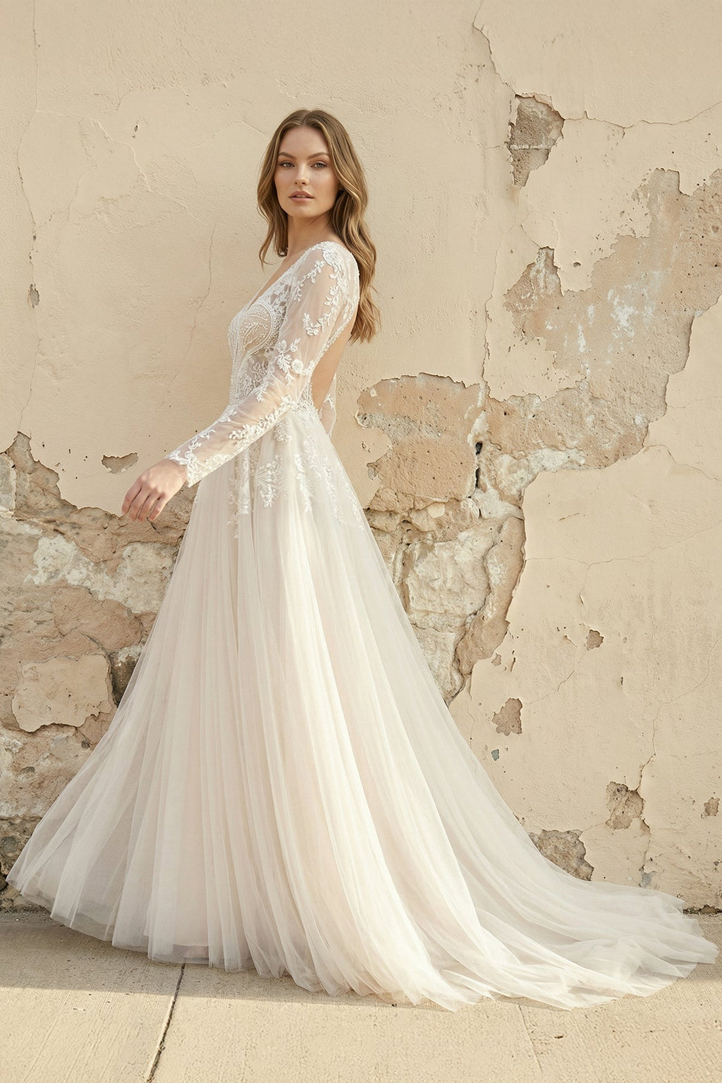 A-Line Lace Top Flare Sleeves Open Back Wedding Dress - Curvevia