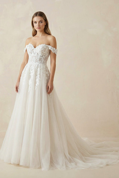 A Line Off the Shoulder Appliques Long Wedding Dresses Bridal Gown - Curvevia