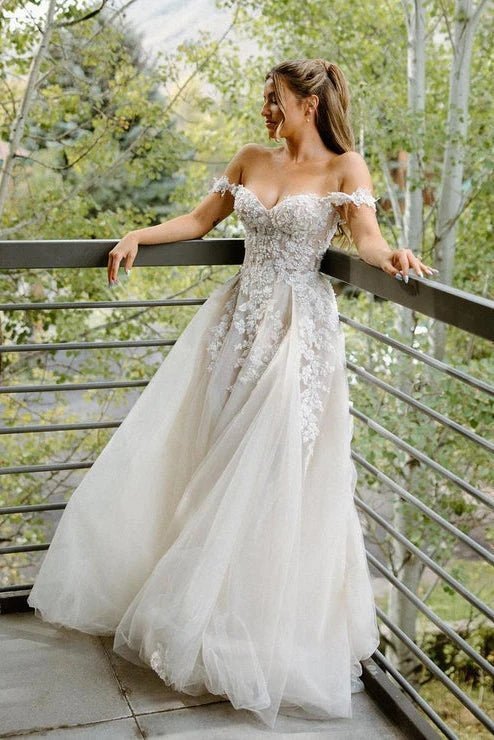 A Line Off the Shoulder Appliques Long Wedding Dresses Bridal Gown - Curvevia