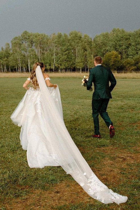 A Line Off the Shoulder Appliques Long Wedding Dresses Bridal Gown - Curvevia