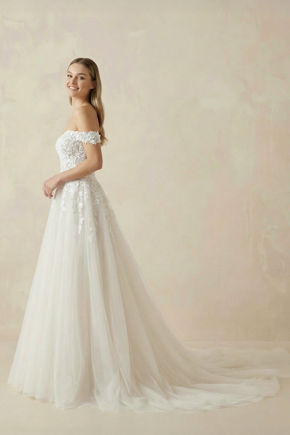 A Line Off the Shoulder Appliques Long Wedding Dresses Bridal Gown - Curvevia