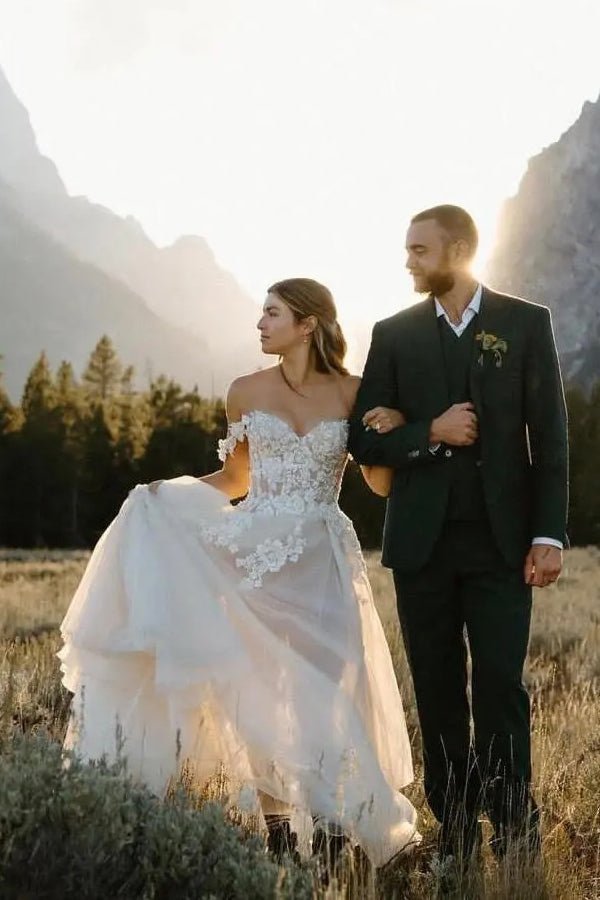 A Line Off the Shoulder Appliques Long Wedding Dresses Bridal Gown - Curvevia
