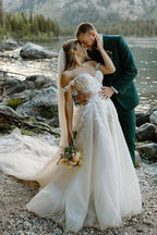 A Line Off the Shoulder Appliques Long Wedding Dresses Bridal Gown - Curvevia