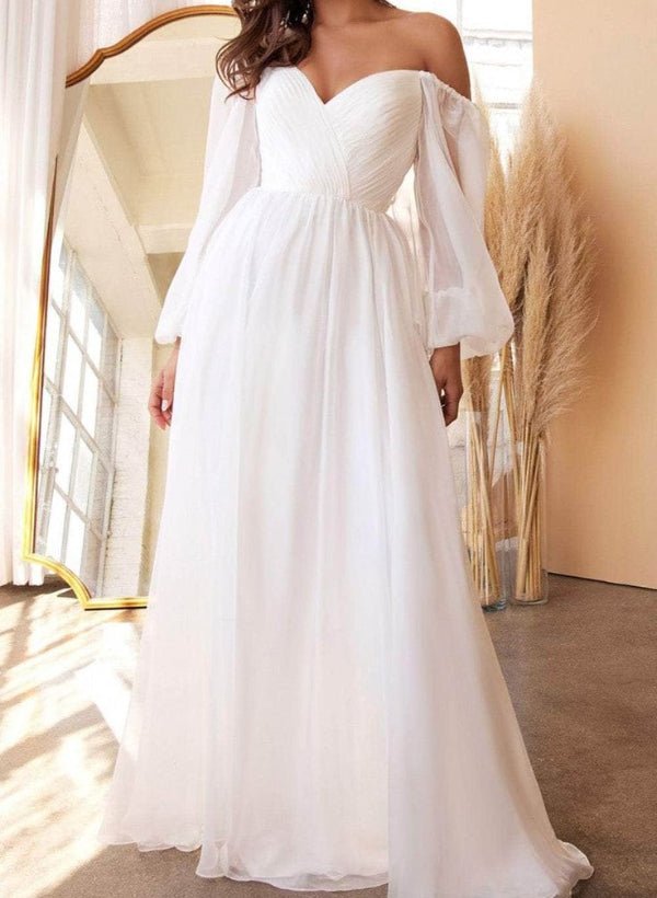 A-Line Off-the-Shoulder Long Sleeves Chiffon Floor-Length Wedding Dress - Curvevia