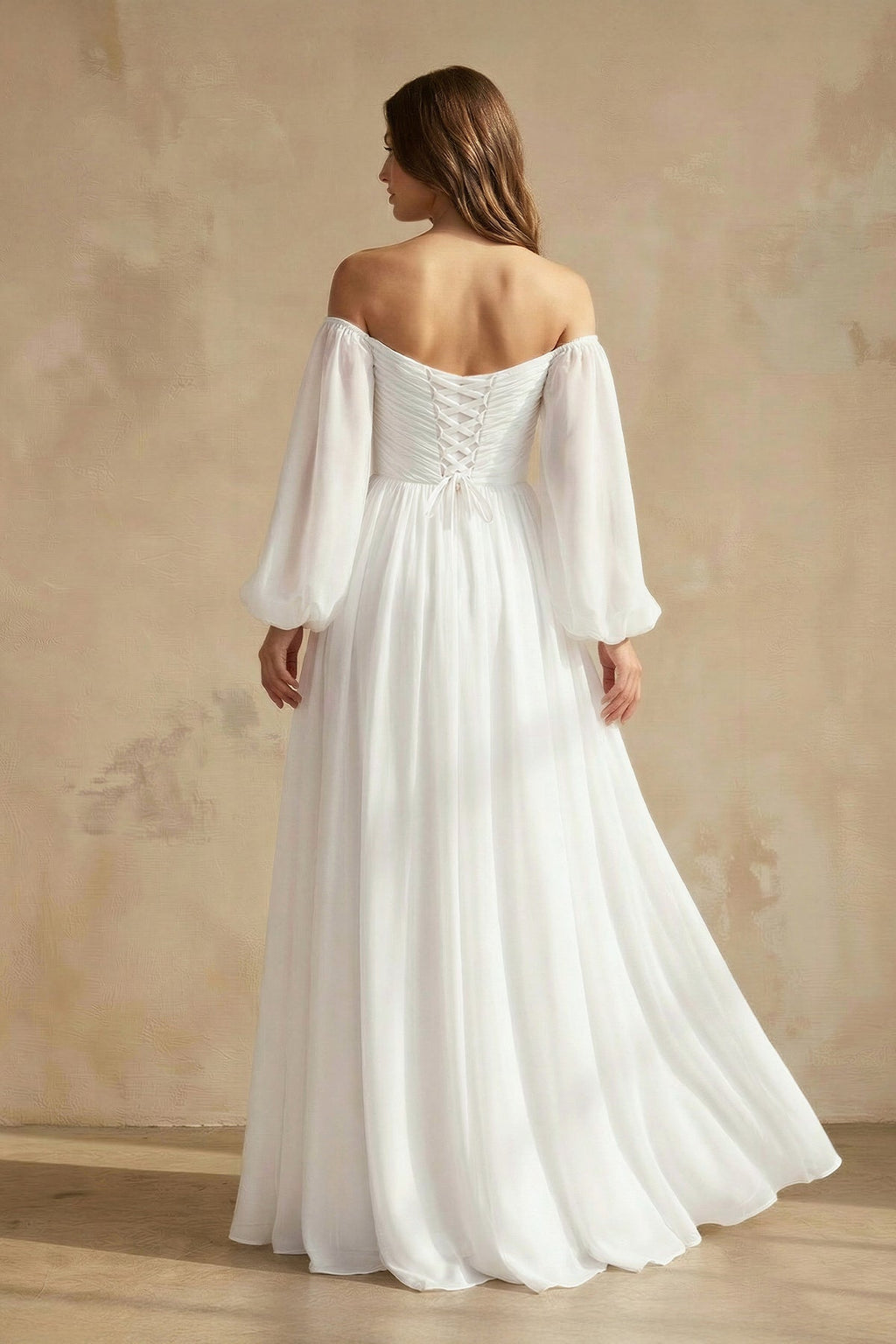 A-Line Off-the-Shoulder Long Sleeves Chiffon Floor-Length Wedding Dress - Curvevia