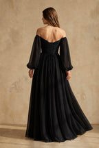 A-Line Off-the-Shoulder Long Sleeves Chiffon Floor-Length Wedding Dress - Curvevia