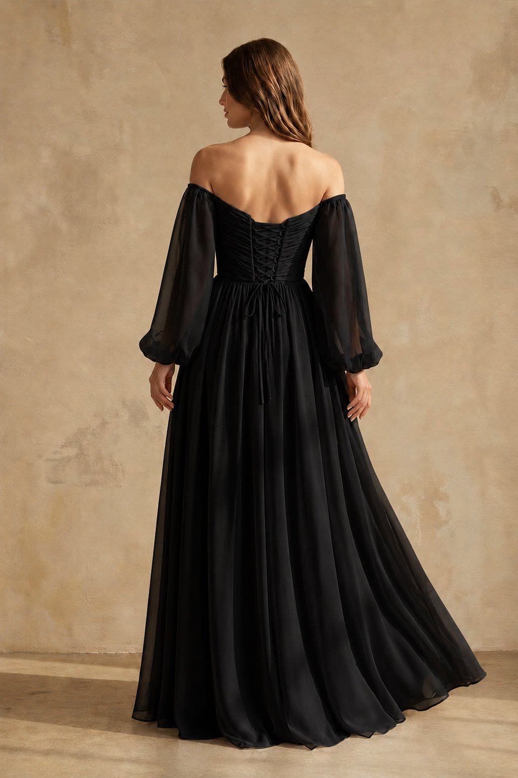 A-Line Off-the-Shoulder Long Sleeves Chiffon Floor-Length Wedding Dress - Curvevia
