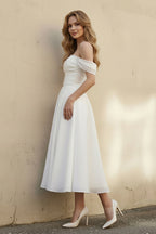 A-Line Off-The-Shoulder Sleeveless Tea-Length Organza Wedding Dresses - Curvevia