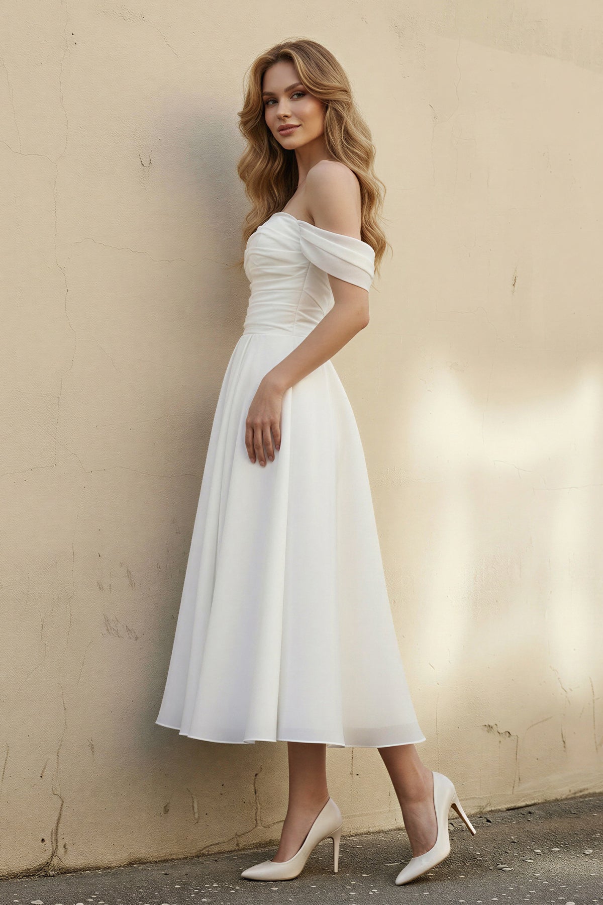 A-Line Off-The-Shoulder Sleeveless Tea-Length Organza Wedding Dresses - Curvevia